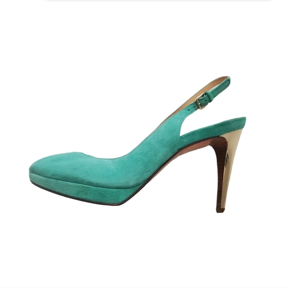Cole Haan NikeAir Women's Green Suede Gold Slingback Heel Peep Toe Sz 8.5 - Picture 1 of 6